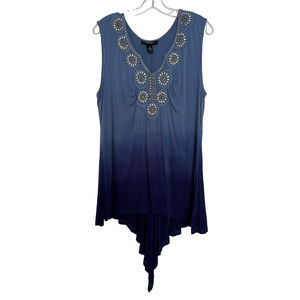 Style&co. Blue Ombre Beaded Crochet Rayon Tank Tunic Top Size 1X Asymmetric Hem